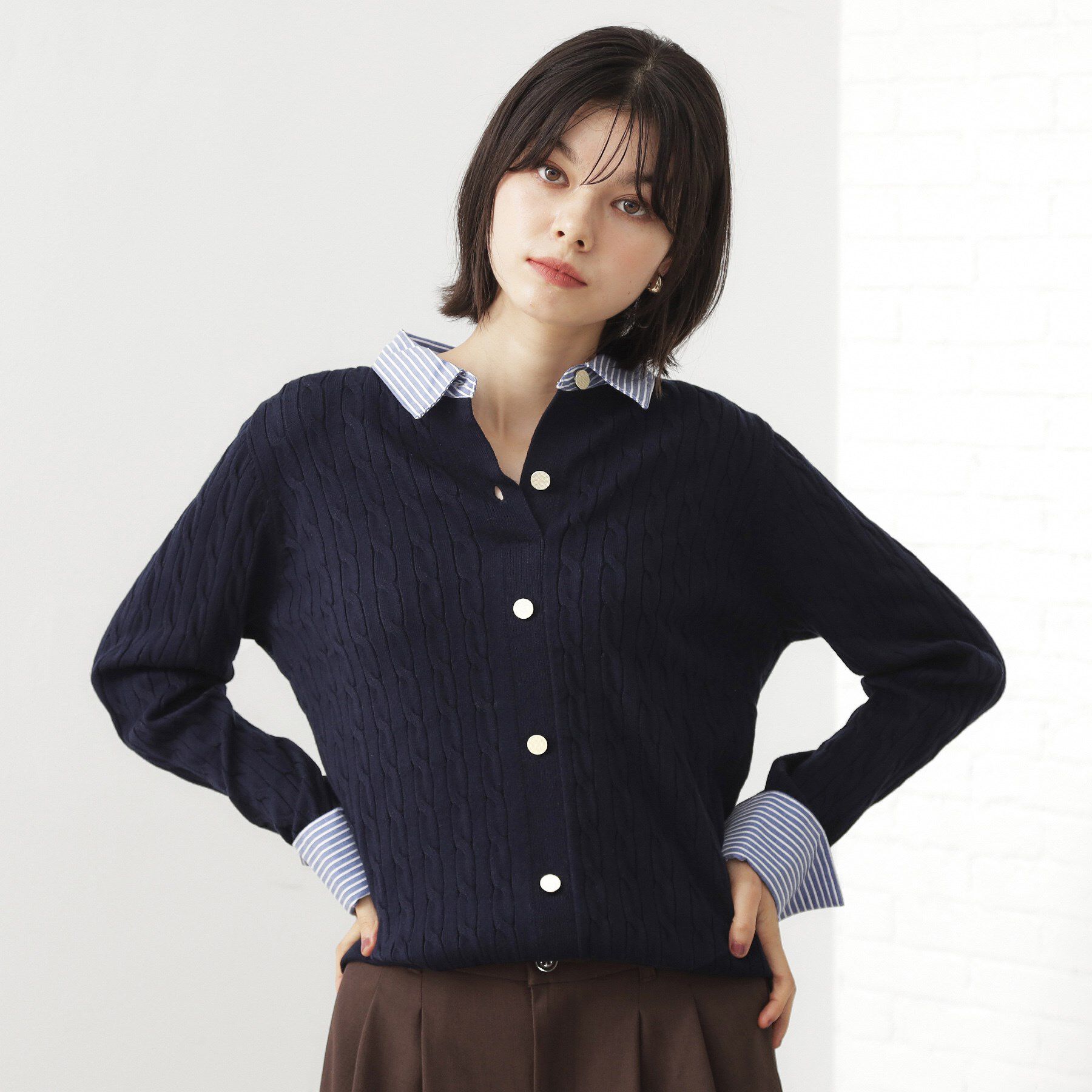 THE SHOP TK「【着るだけでコーデ完成】シャツレイヤード風 ケーブルニット」|ニット・セーター|