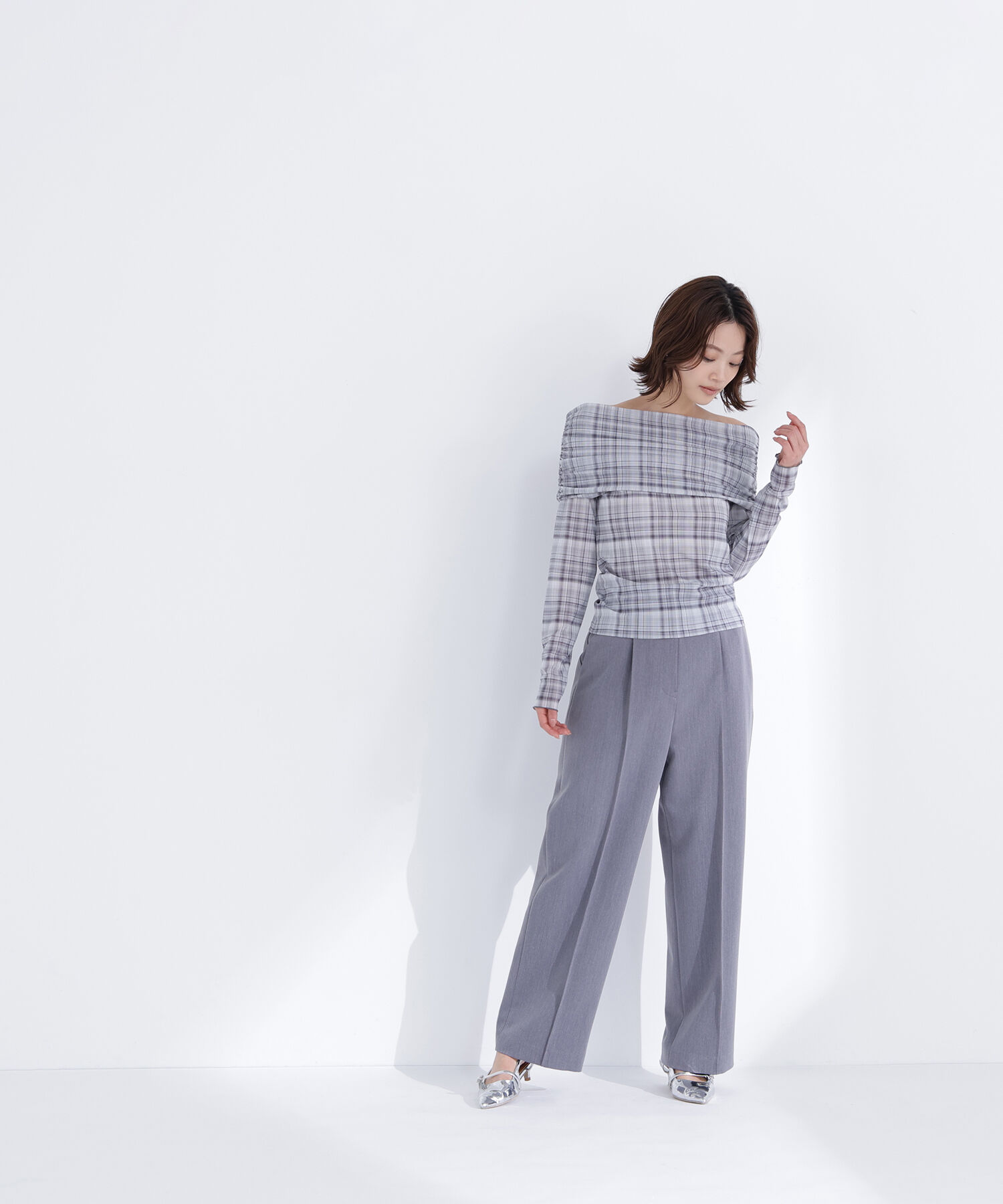  「シアーチェックオフショルトップス」|Tシャツ・カットソー|