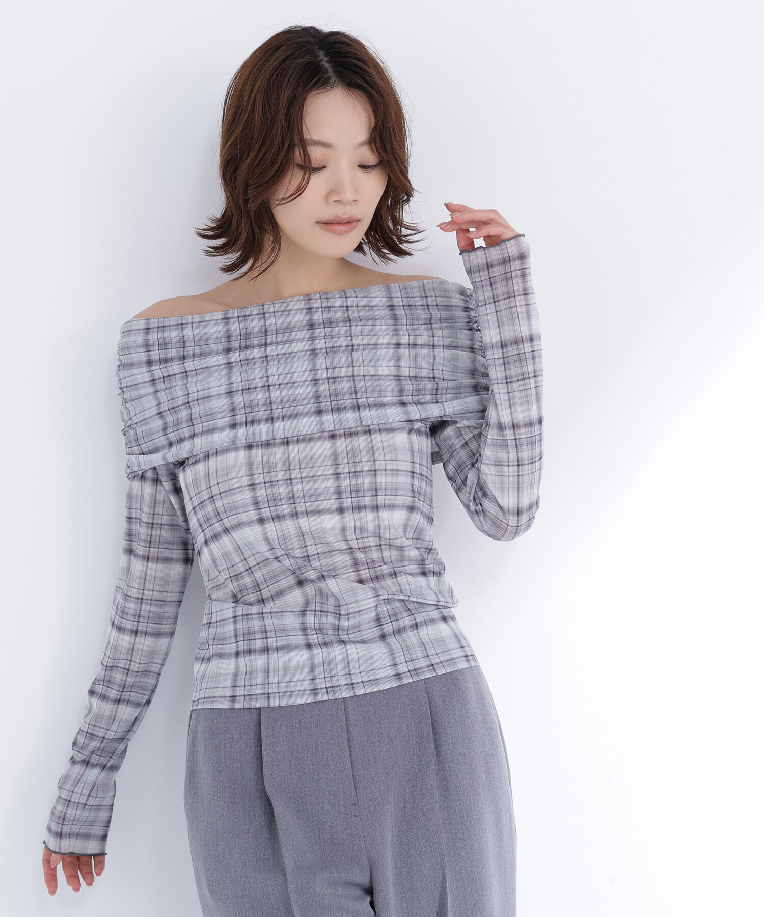  「シアーチェックオフショルトップス」|Tシャツ・カットソー|