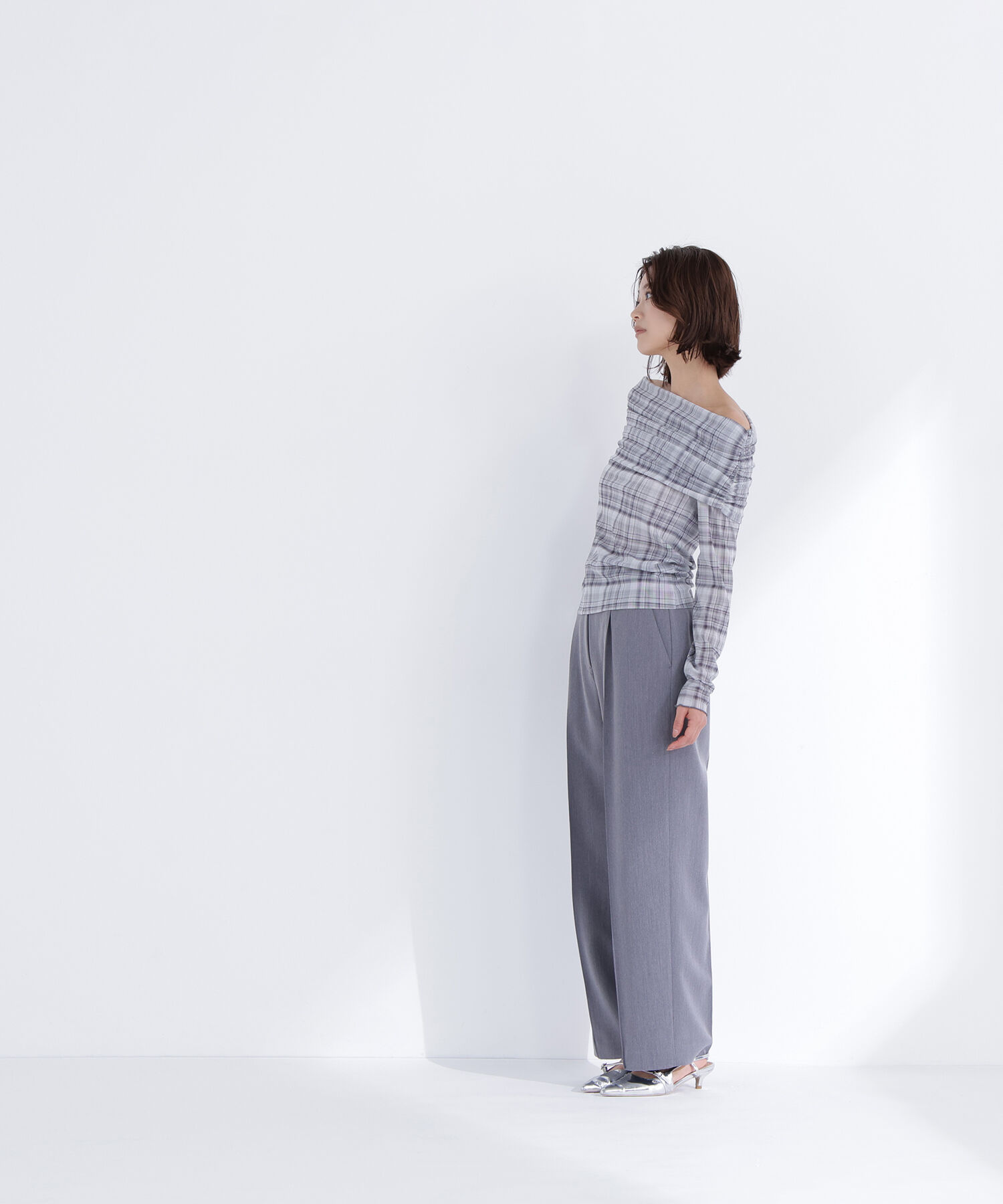  「シアーチェックオフショルトップス」|Tシャツ・カットソー|