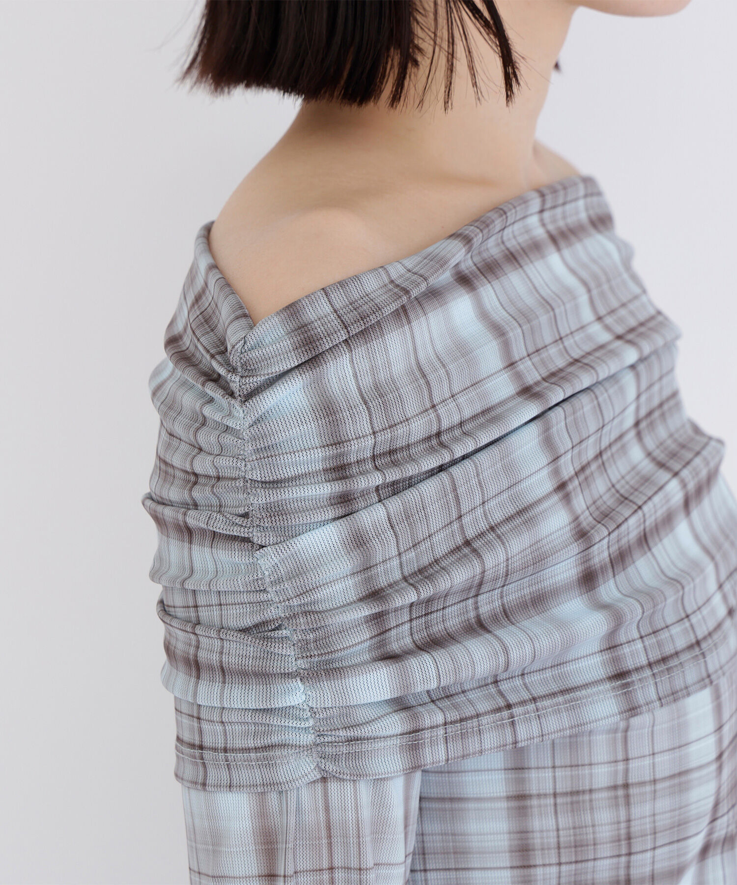  「シアーチェックオフショルトップス」|Tシャツ・カットソー|