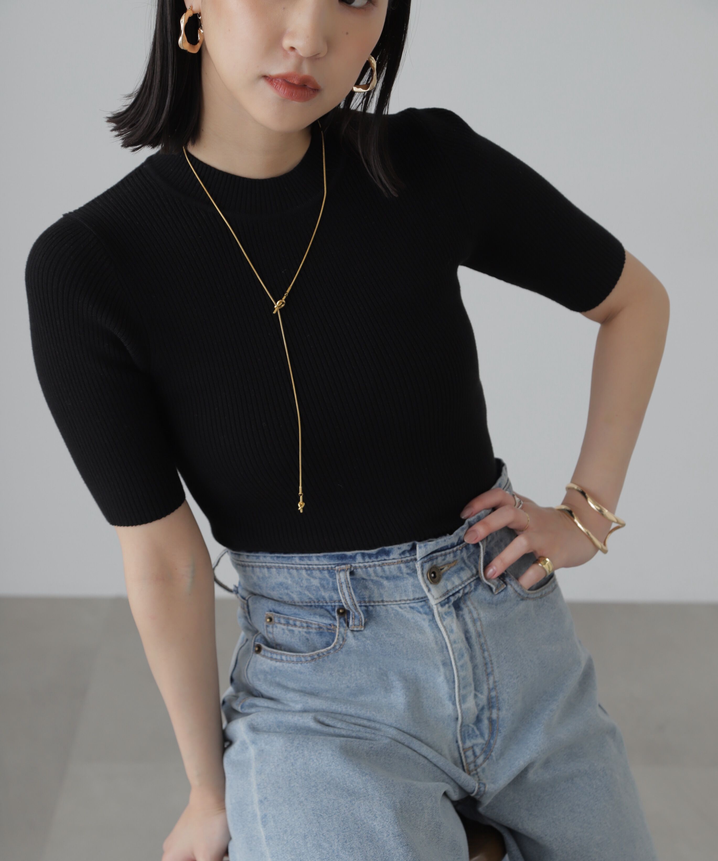  「［洗える］マシンウォッシャブルリブハイネック5分袖ニット」|ニット・セーター|