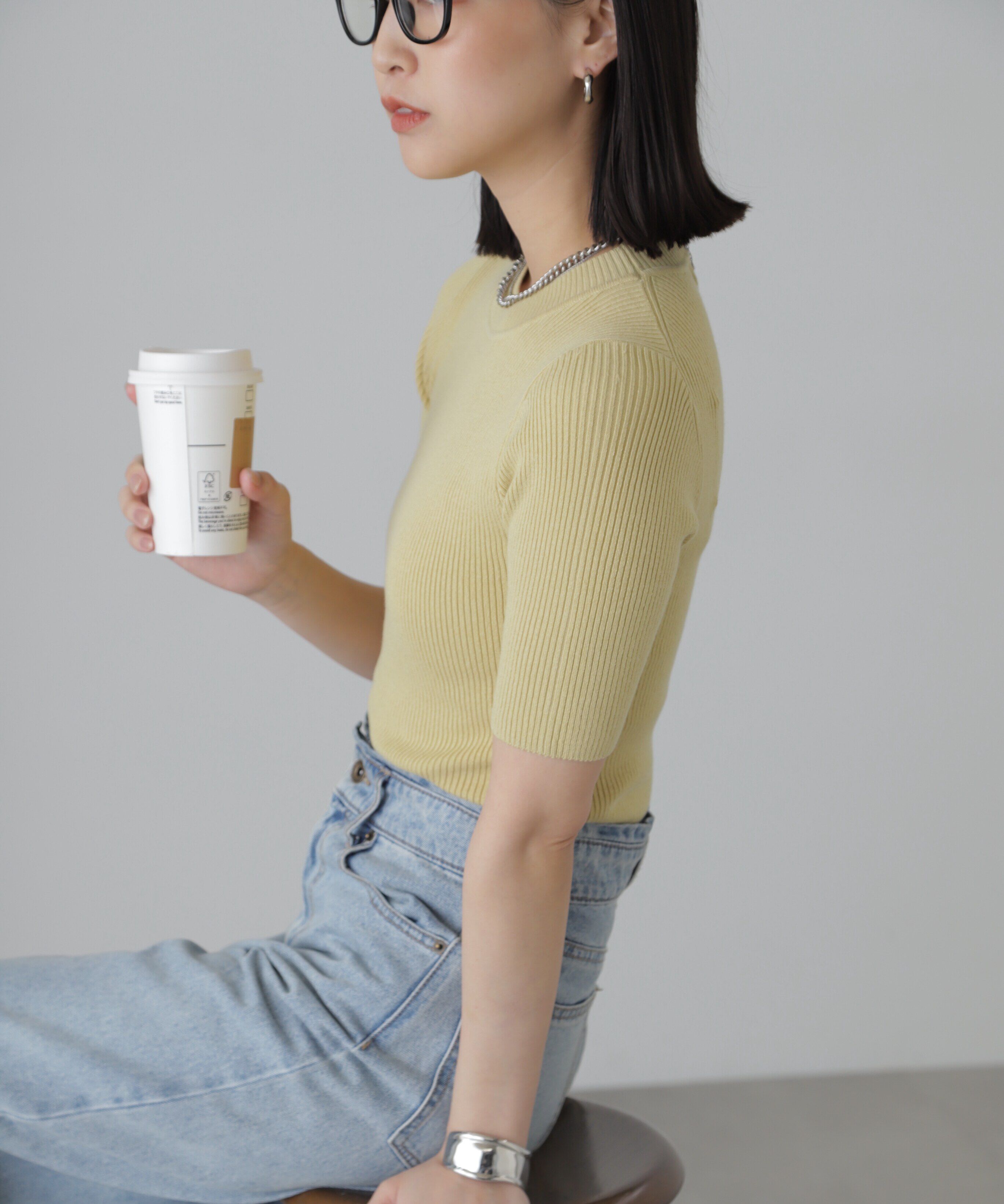  「［洗える］マシンウォッシャブルリブハイネック5分袖ニット」|ニット・セーター|