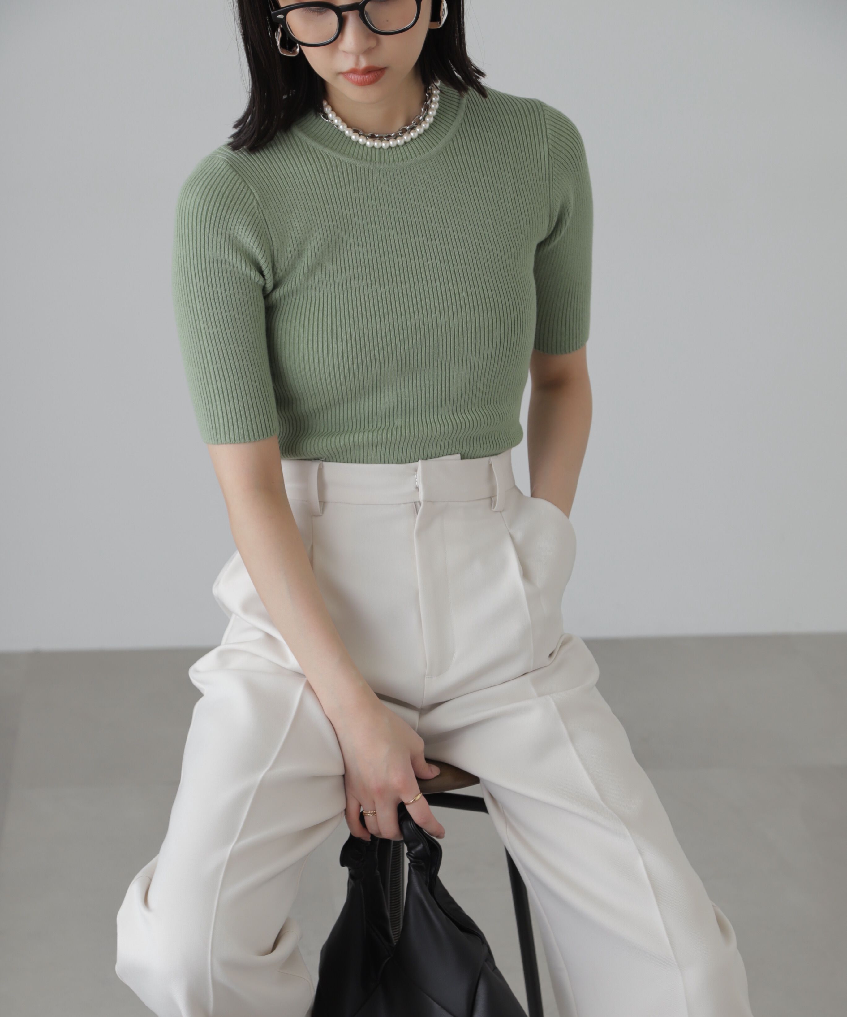  「［洗える］マシンウォッシャブルリブハイネック5分袖ニット」|ニット・セーター|