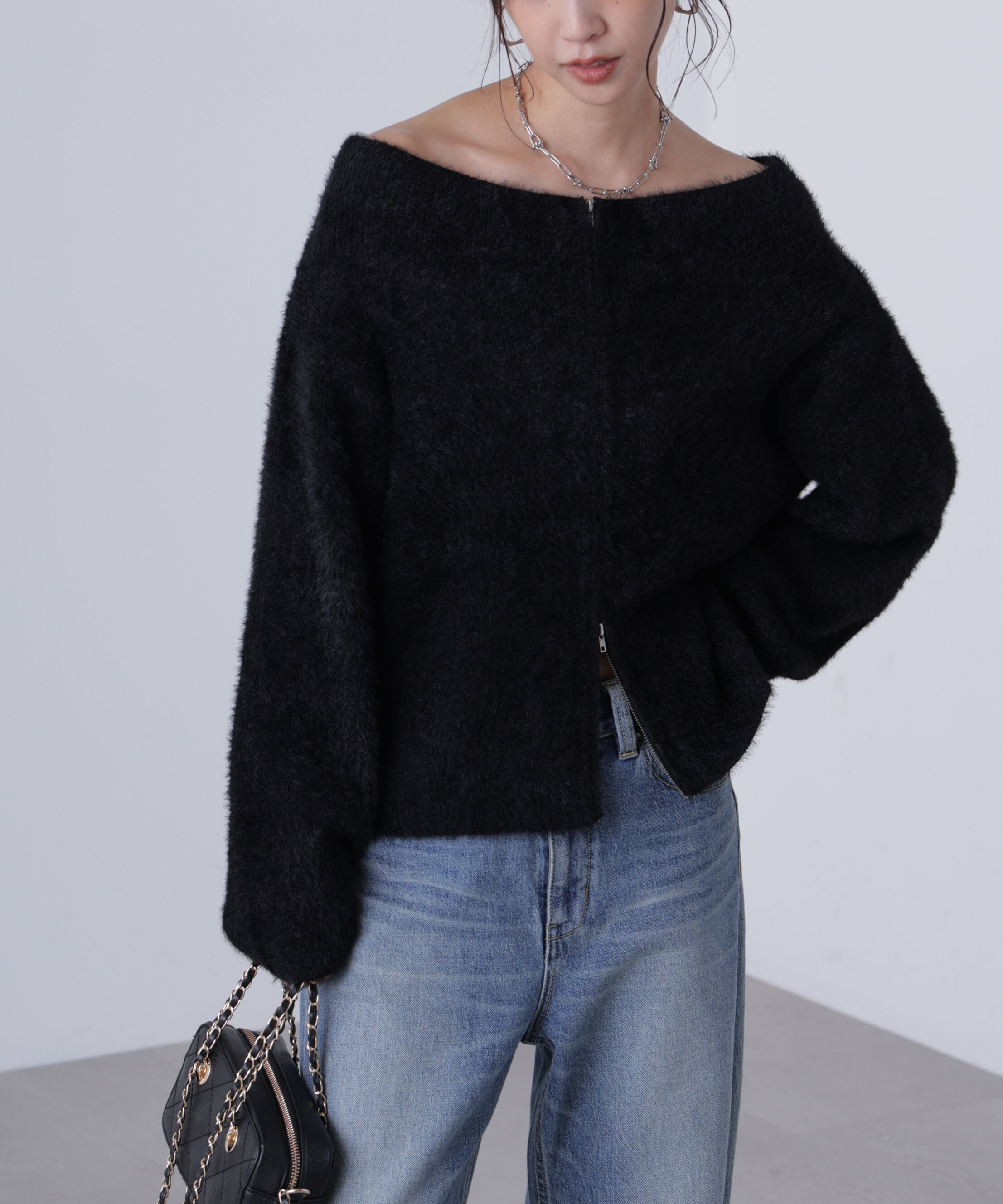  「前後2WAYオフショルシャギージップカーディガン」|ニット・セーター|