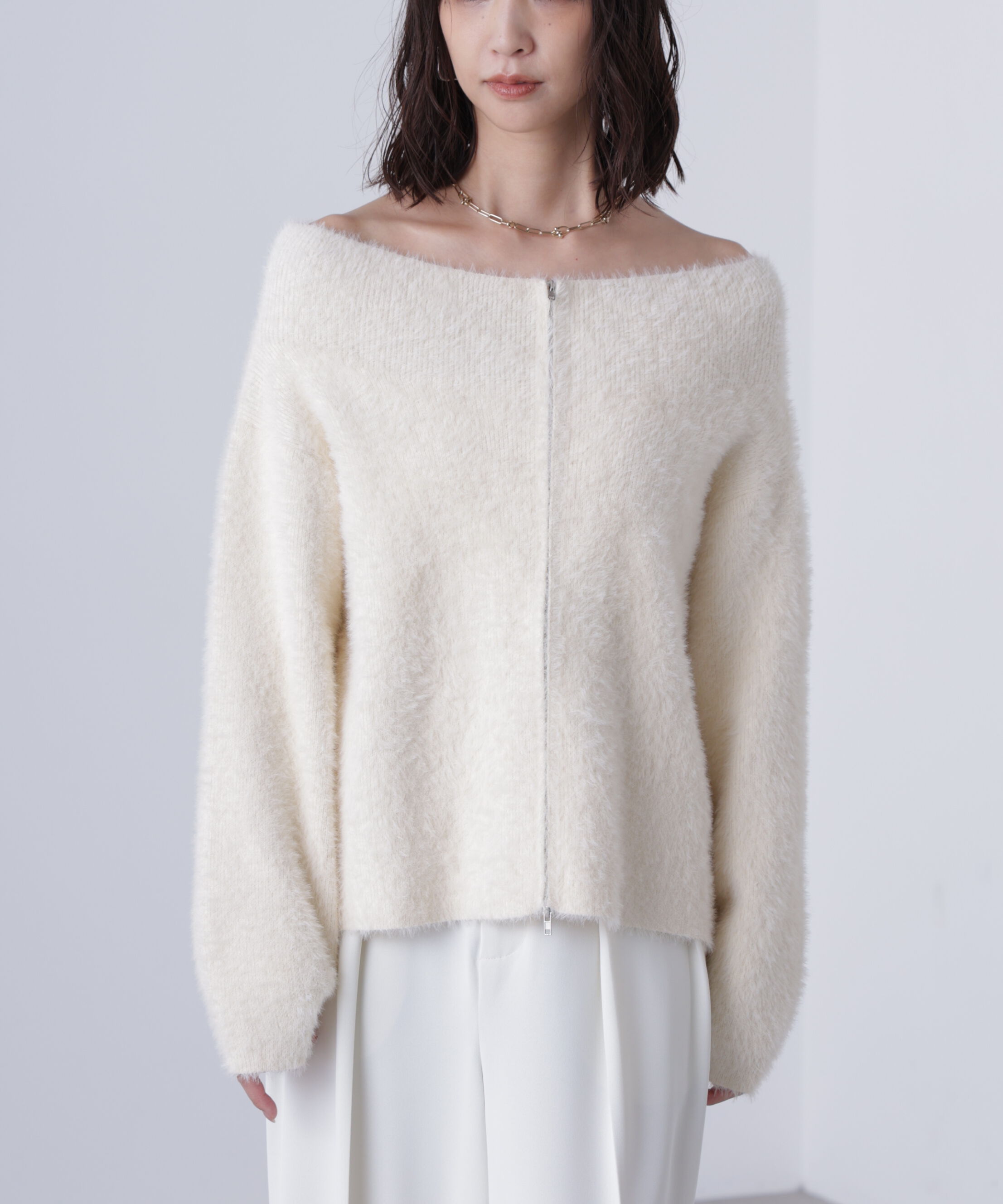  「前後2WAYオフショルシャギージップカーディガン」|ニット・セーター|