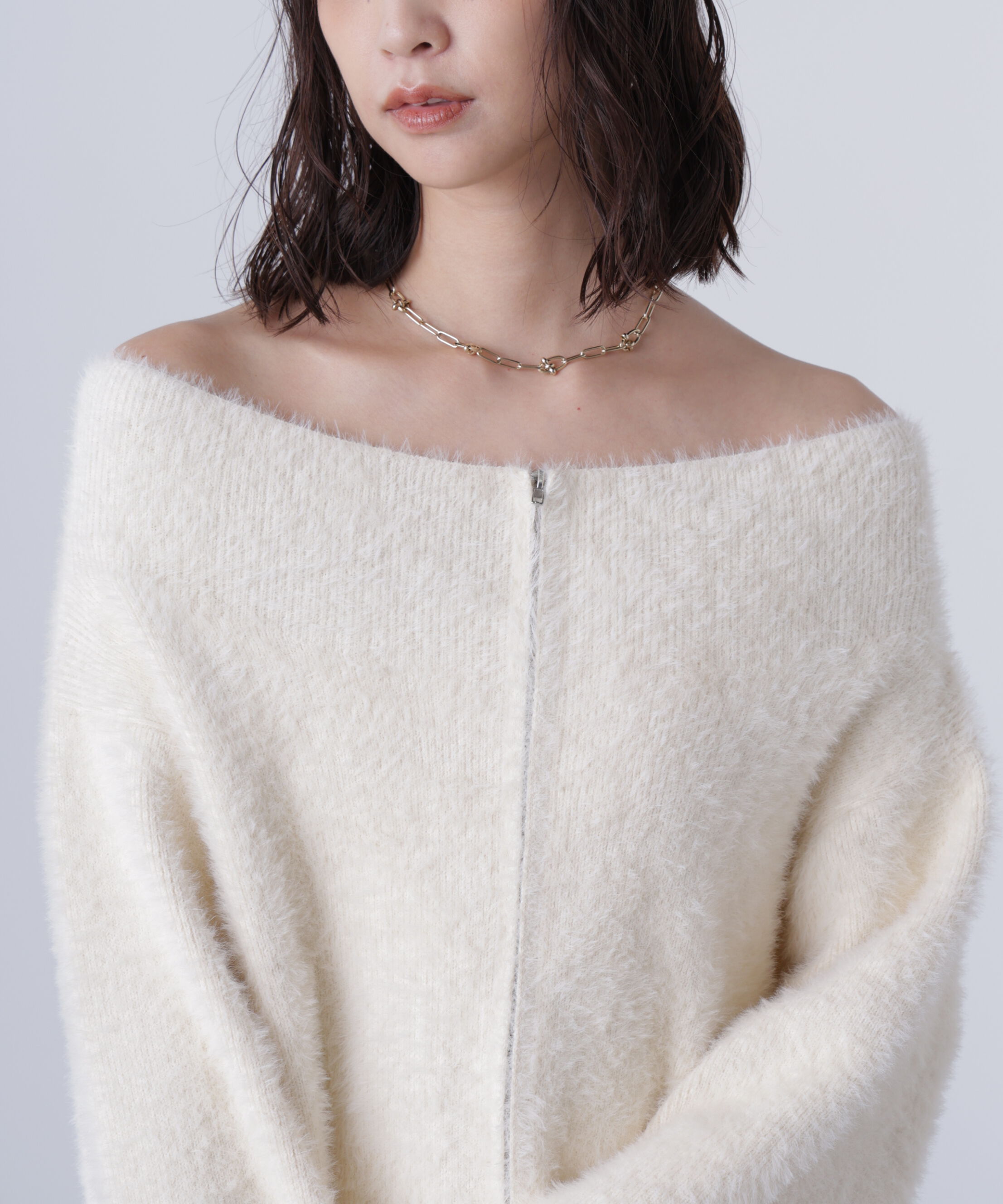  「前後2WAYオフショルシャギージップカーディガン」|ニット・セーター|