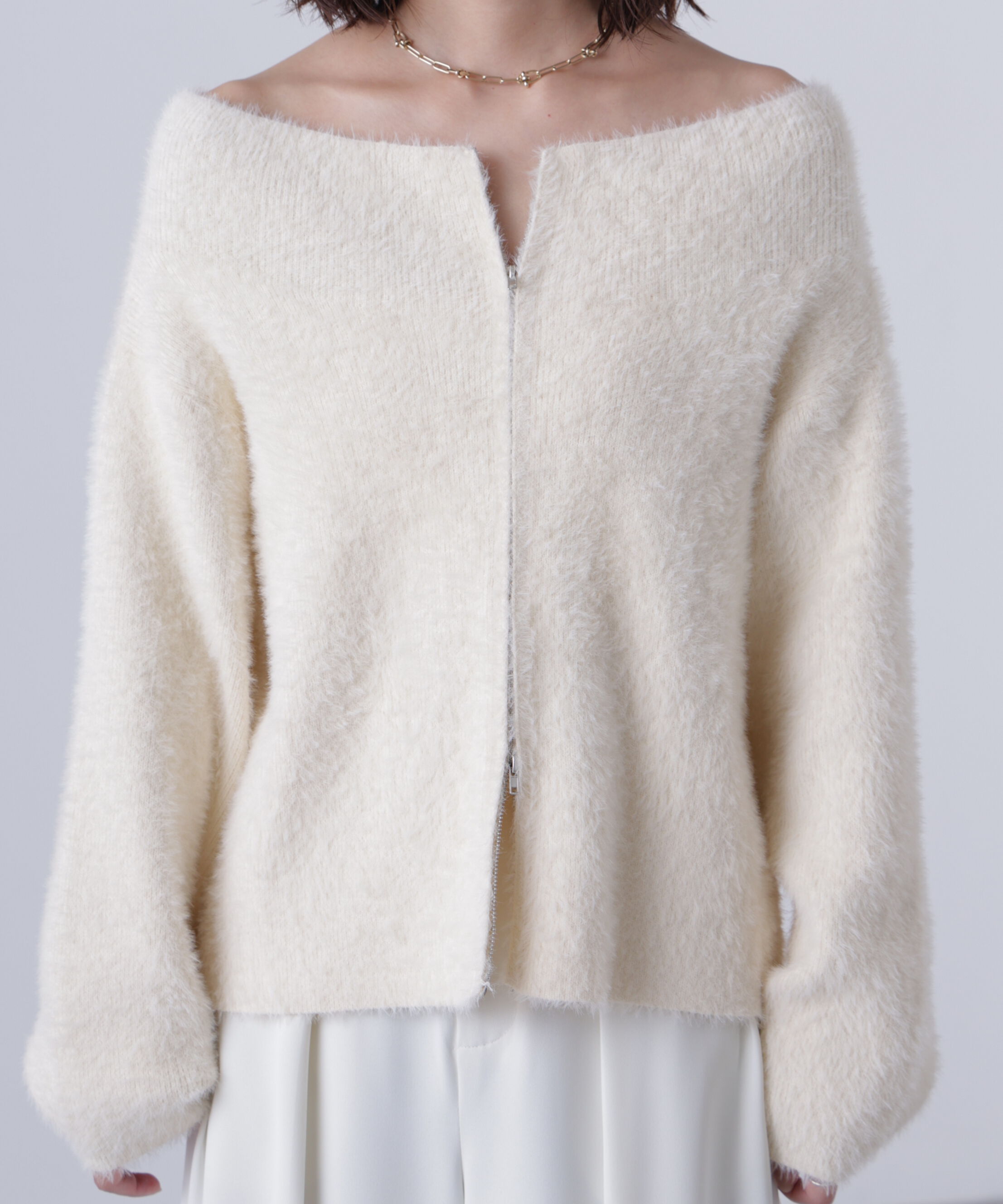  「前後2WAYオフショルシャギージップカーディガン」|ニット・セーター|