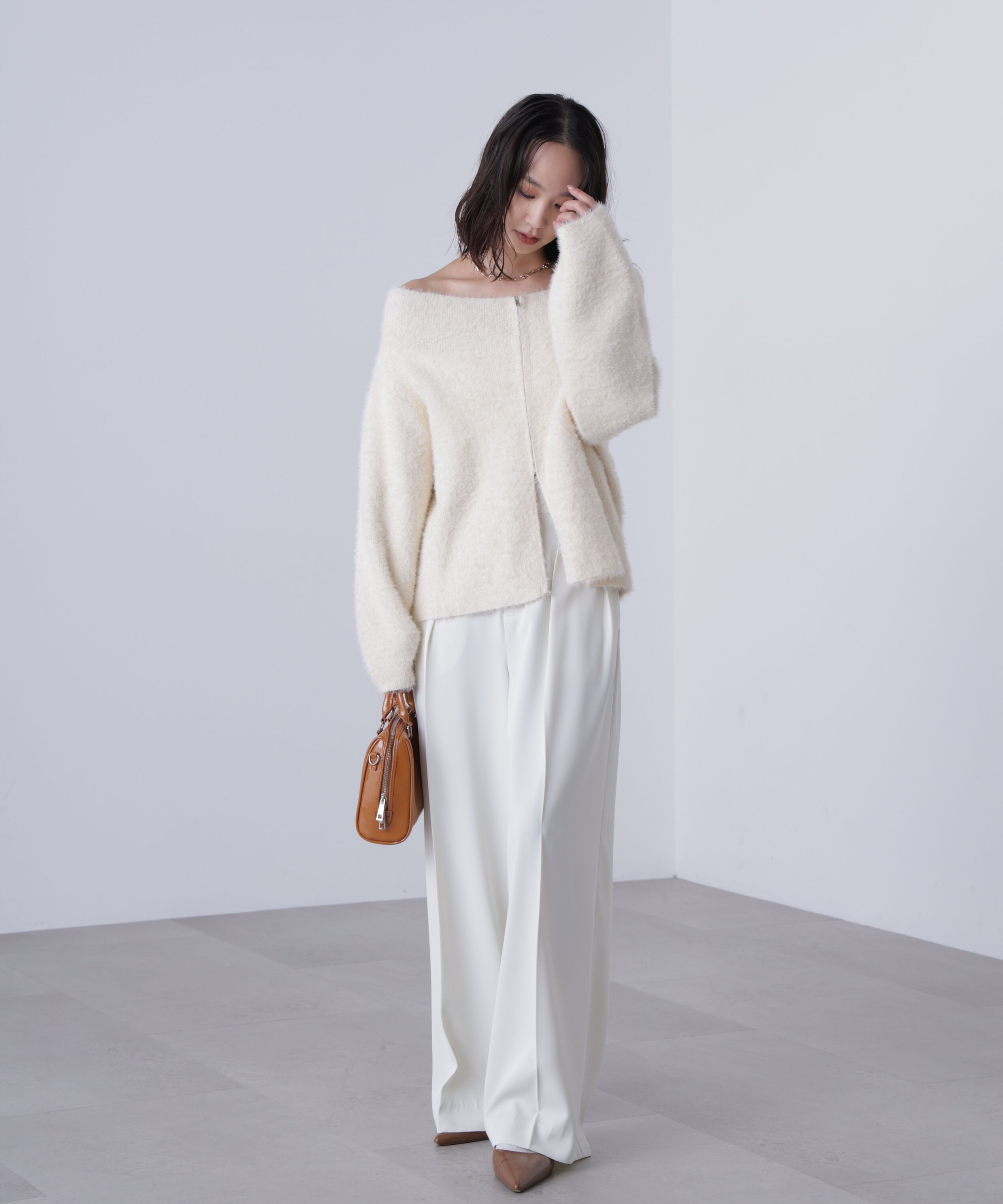  「前後2WAYオフショルシャギージップカーディガン」|ニット・セーター|