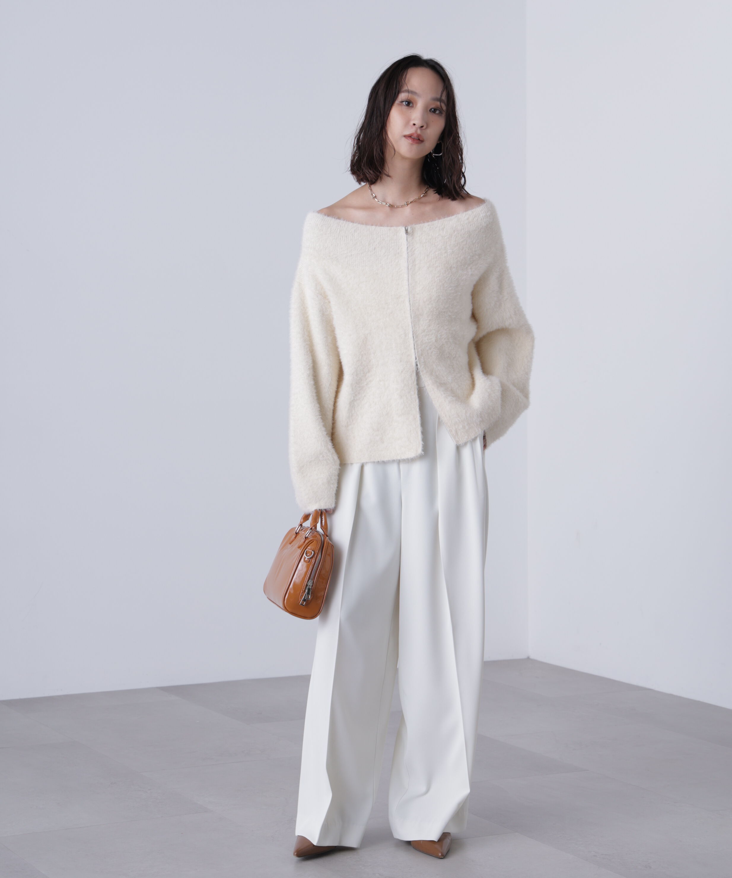  「前後2WAYオフショルシャギージップカーディガン」|ニット・セーター|