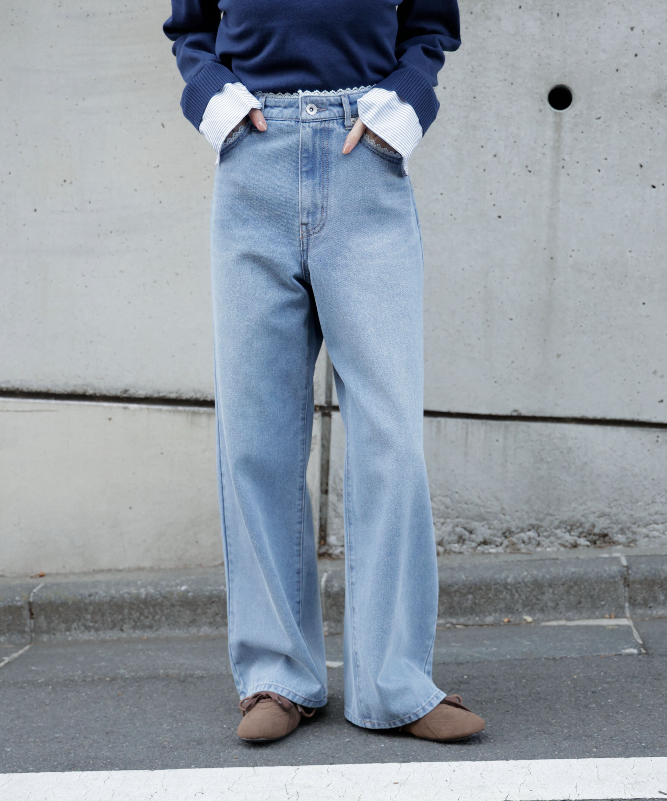  「[低身長サイズ/Sシリーズ]レーストリミングワイドストレートデニムパンツ」|その他|