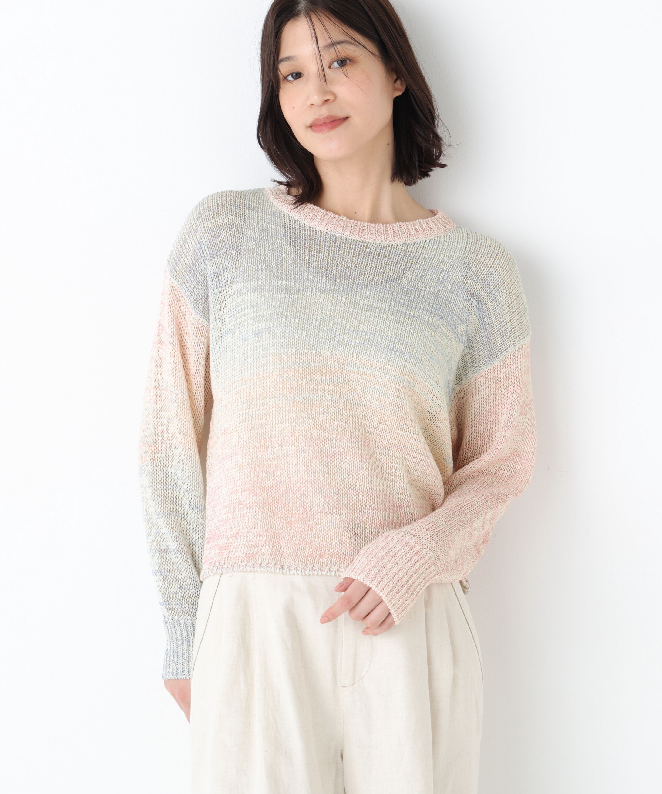  「◆《ウォッシャブル》綿ポリカスリヤーンクルーネックプルオーバー」|ニット・セーター|ピンク系