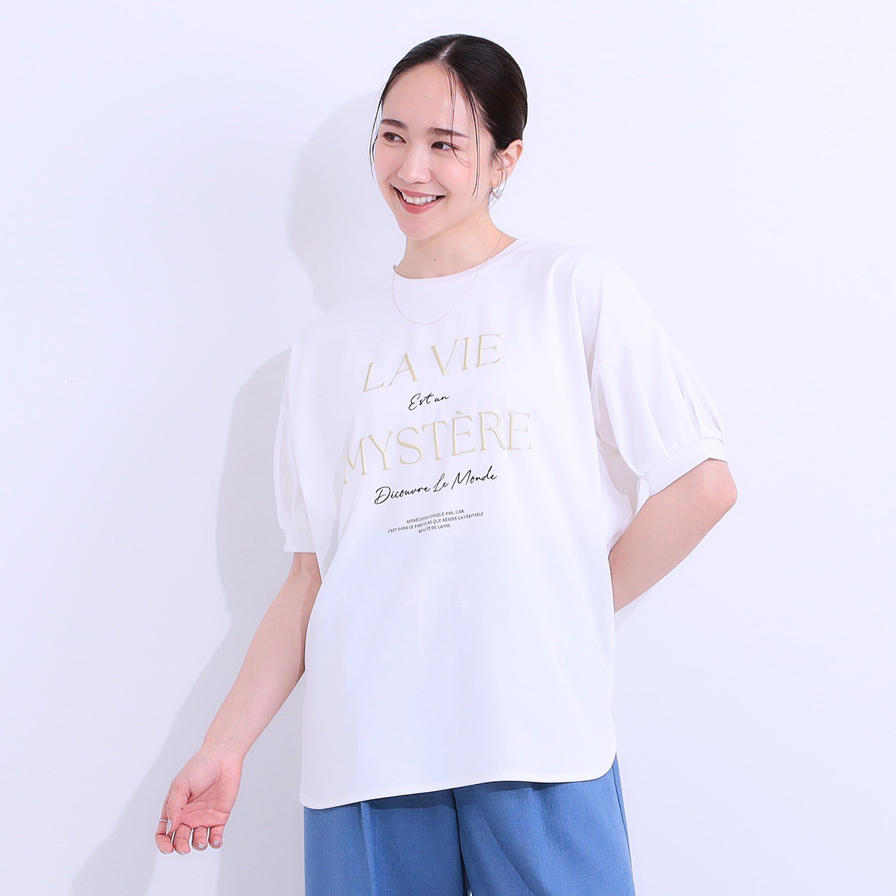 SHOO･LA･RUE「【S-LL/ひんやり/UV】ぷっくりラメプリントロゴTシャツ」|Tシャツ・カットソー|
