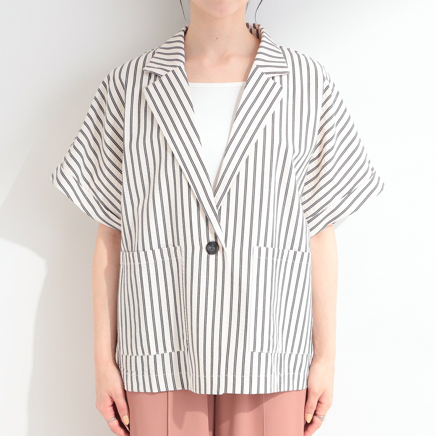 SHOO･LA･RUE「【ひんやり/吸水速乾/セットアップ可】カジュアルときちんと感を両立 サッカーストライプシャツジャケッ」|テーラードジャケット|