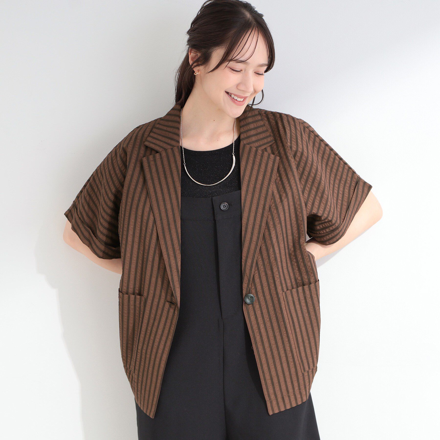 SHOO･LA･RUE「【ひんやり/吸水速乾/セットアップ可】カジュアルときちんと感を両立 サッカーストライプシャツジャケッ」|テーラードジャケット|