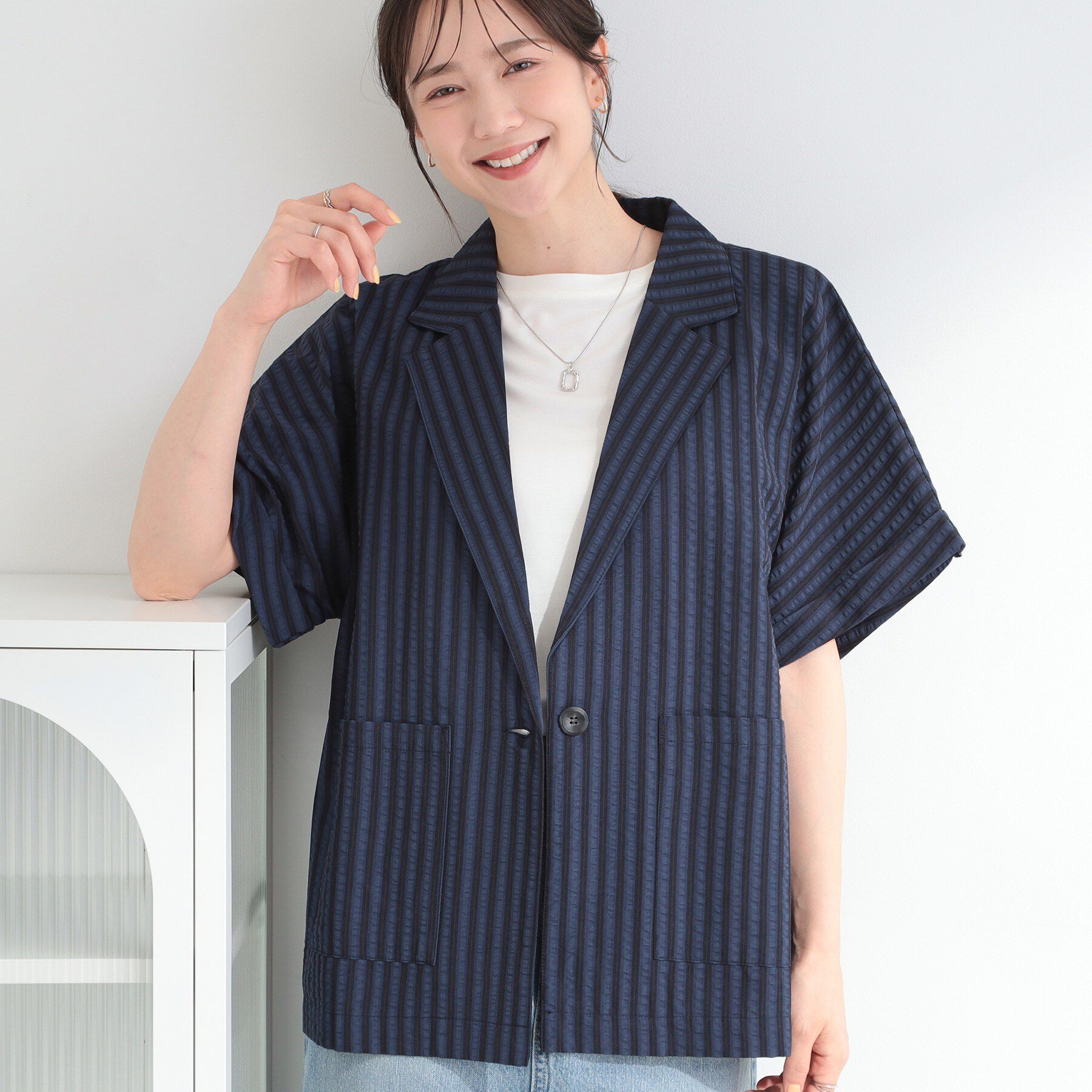 SHOO･LA･RUE「【ひんやり/吸水速乾/セットアップ可】カジュアルときちんと感を両立 サッカーストライプシャツジャケッ」|テーラードジャケット|ネイビー(394)