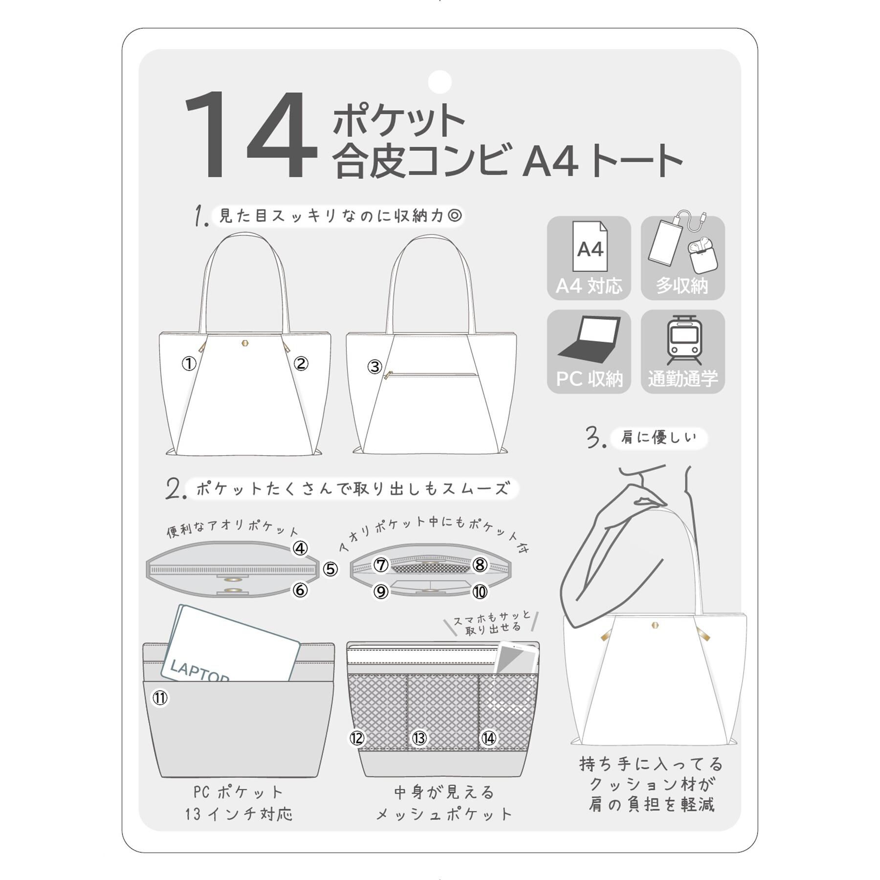 ITS&rsquo;DEMO「【12ポケット／PC対応】合皮コンビA4トート」|トートバッグ|