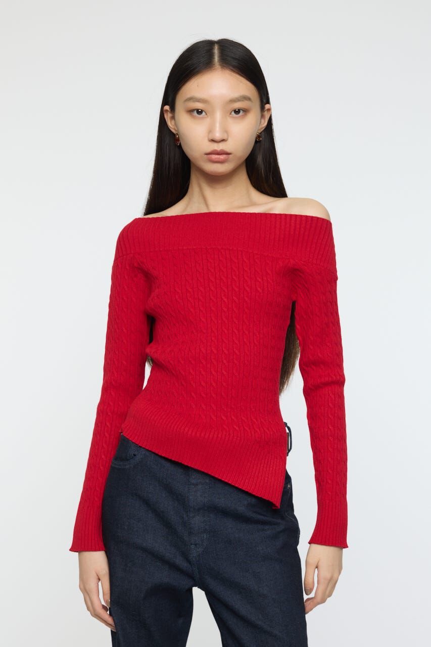 MOUSSY「ASYMMETRY SHOULDER CABLE ニット」|ニット・セーター|RED