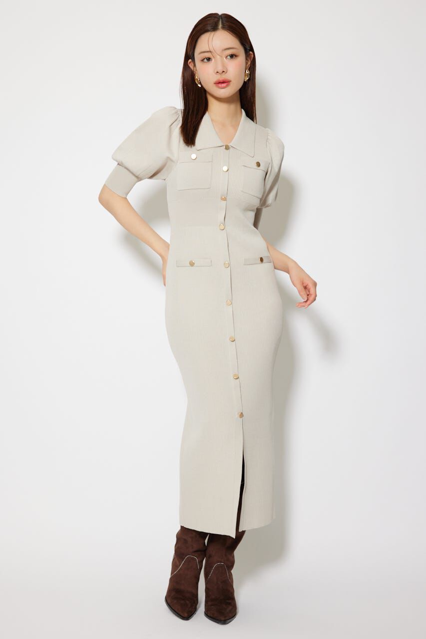 rienda「パフスリーブニットタイトワンピース」|ワンピース|BEG