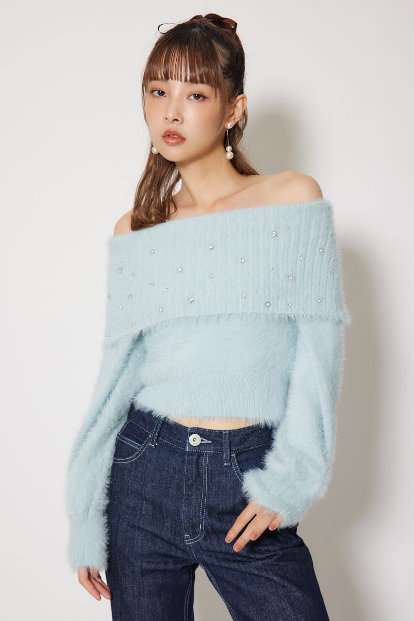 rienda「オフショルビジューシャギーニットトップス」|ニット・セーター|