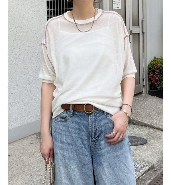 Lbc with Life「シアー配色ステッチプルオーバー」|カーディガン|オフホワイト