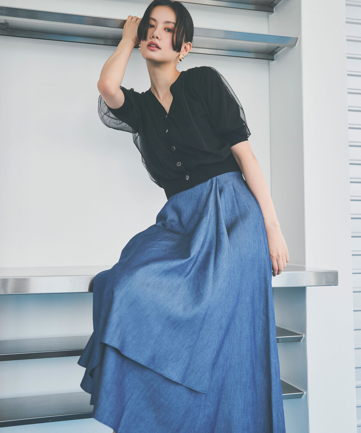 アンドクチュール「サイドリブシャンブレーデニムスカート」|スカート|ブルー