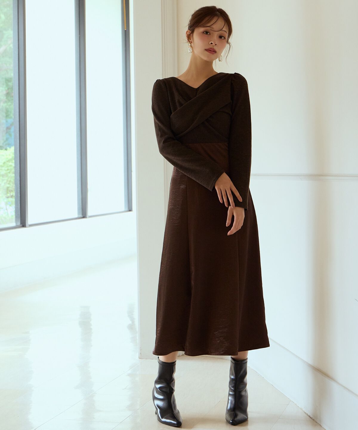 アンドクチュール「サテンドッキングワンピース」|ワンピース|ブラウン