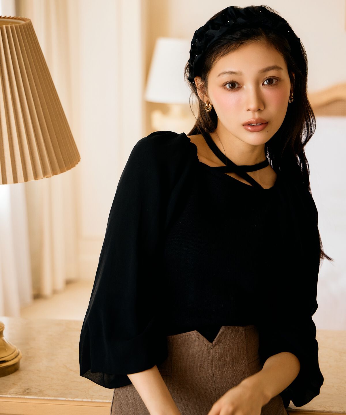 アンドクチュール「7分袖ホルターリボンニットプルオーバー」|ニット・セーター|ブラック