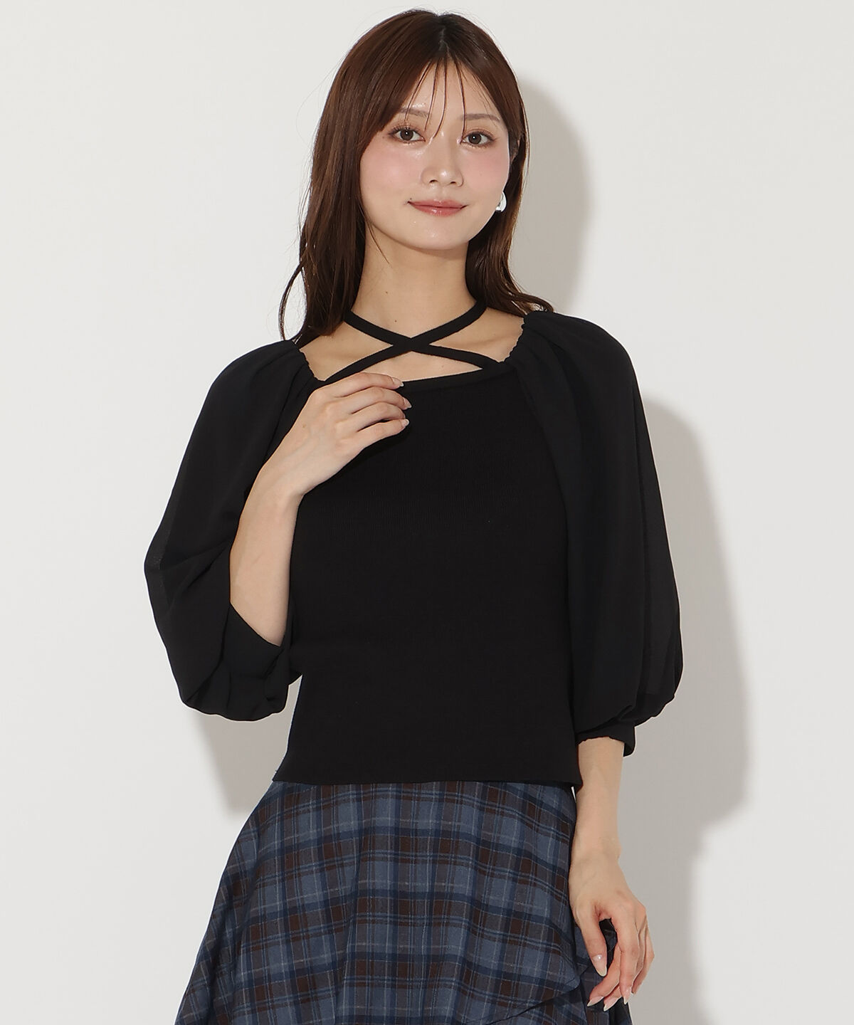 アンドクチュール「7分袖ホルターリボンニットプルオーバー」|ニット・セーター|