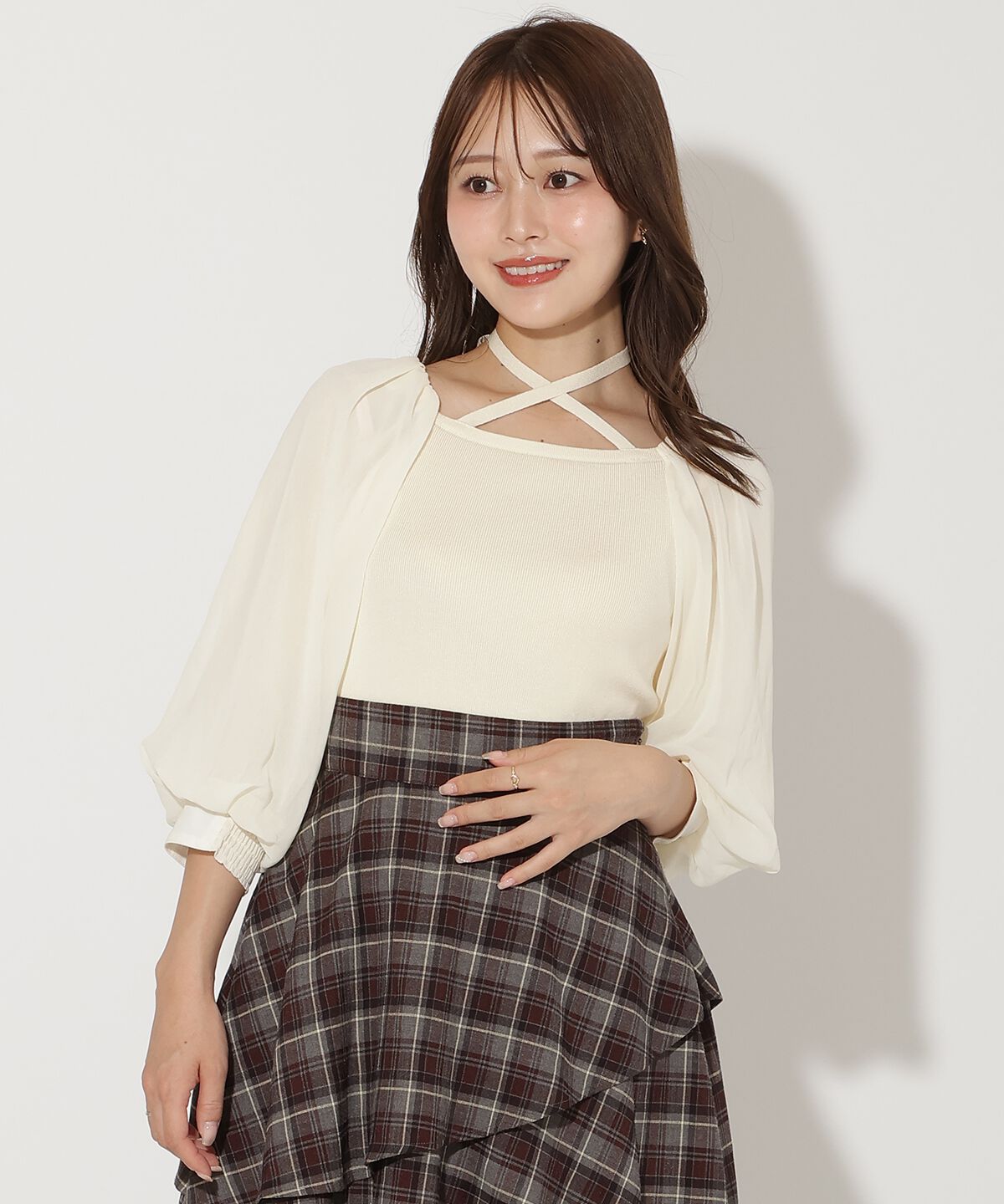 アンドクチュール「7分袖ホルターリボンニットプルオーバー」|ニット・セーター|