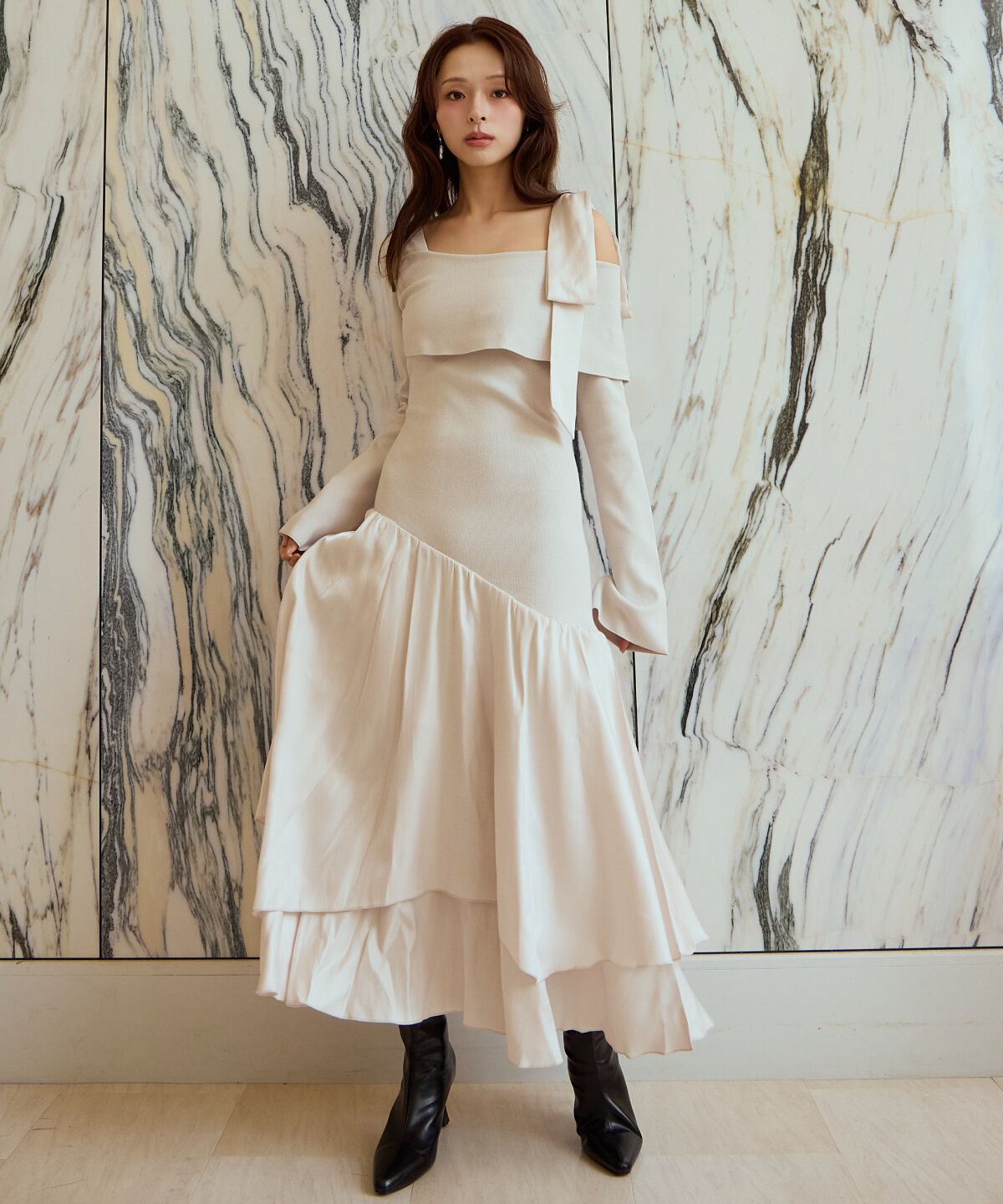 アンドクチュール「ショルダーリボンニットドッキングワンピース」|ワンピース|