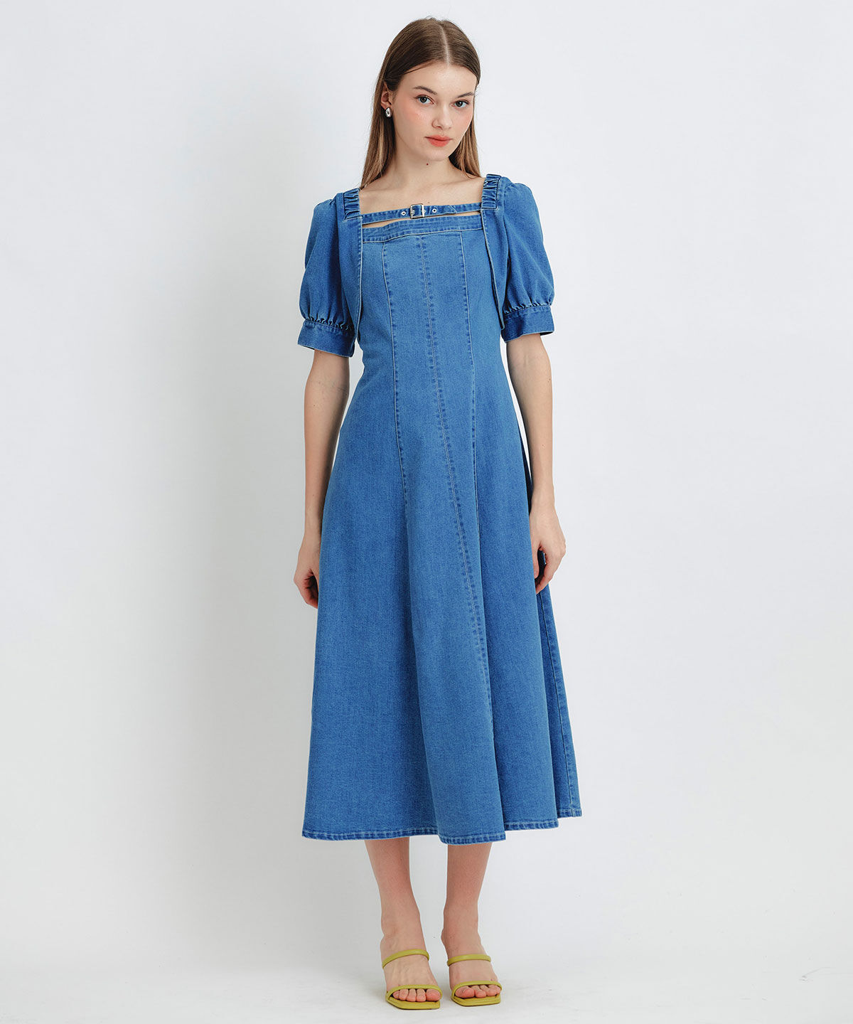 REDYAZEL「デコルテベルトデニムフレアロングワンピース」|ワンピース|ブルー