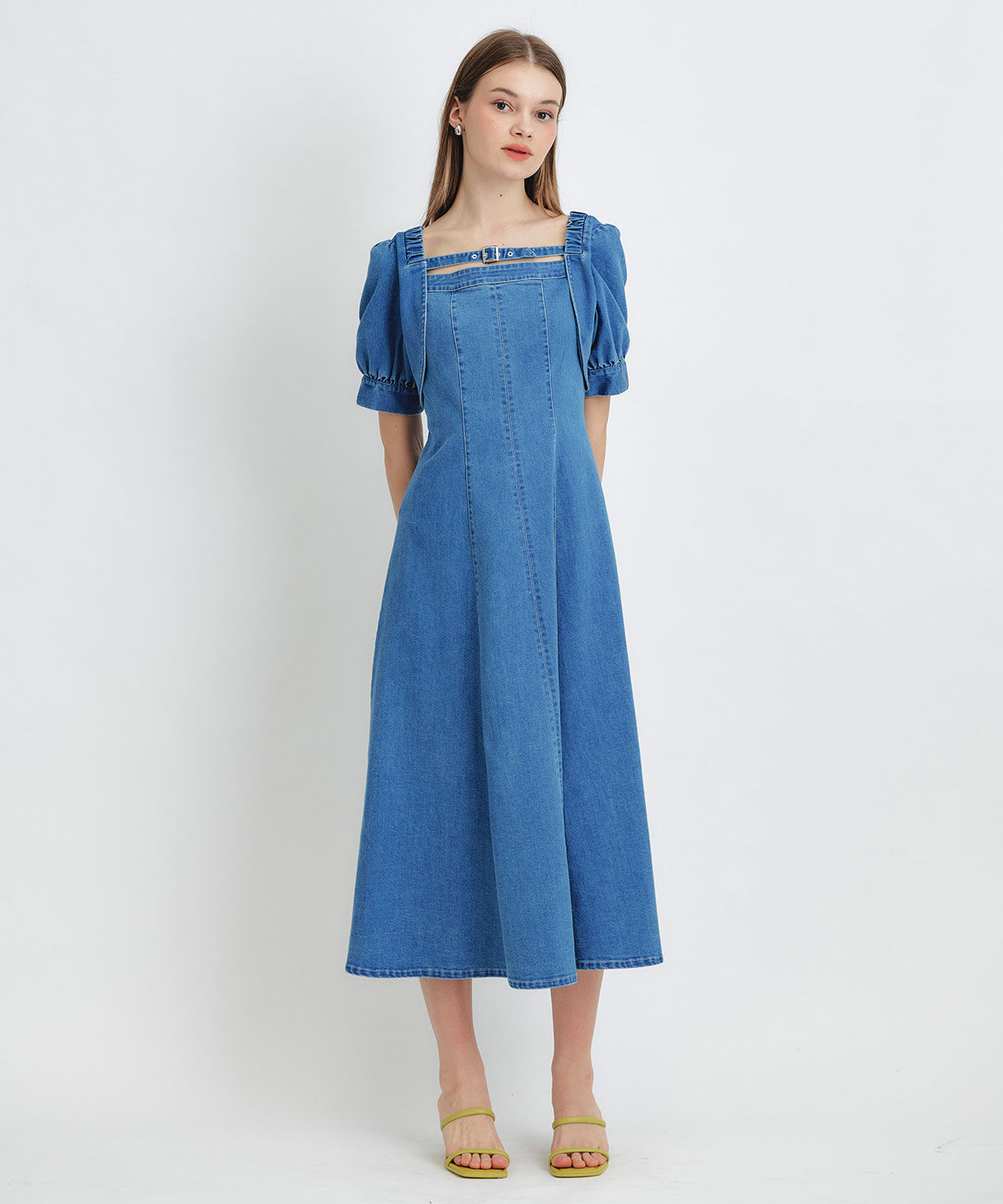 REDYAZEL「デコルテベルトデニムフレアロングワンピース」|ワンピース|