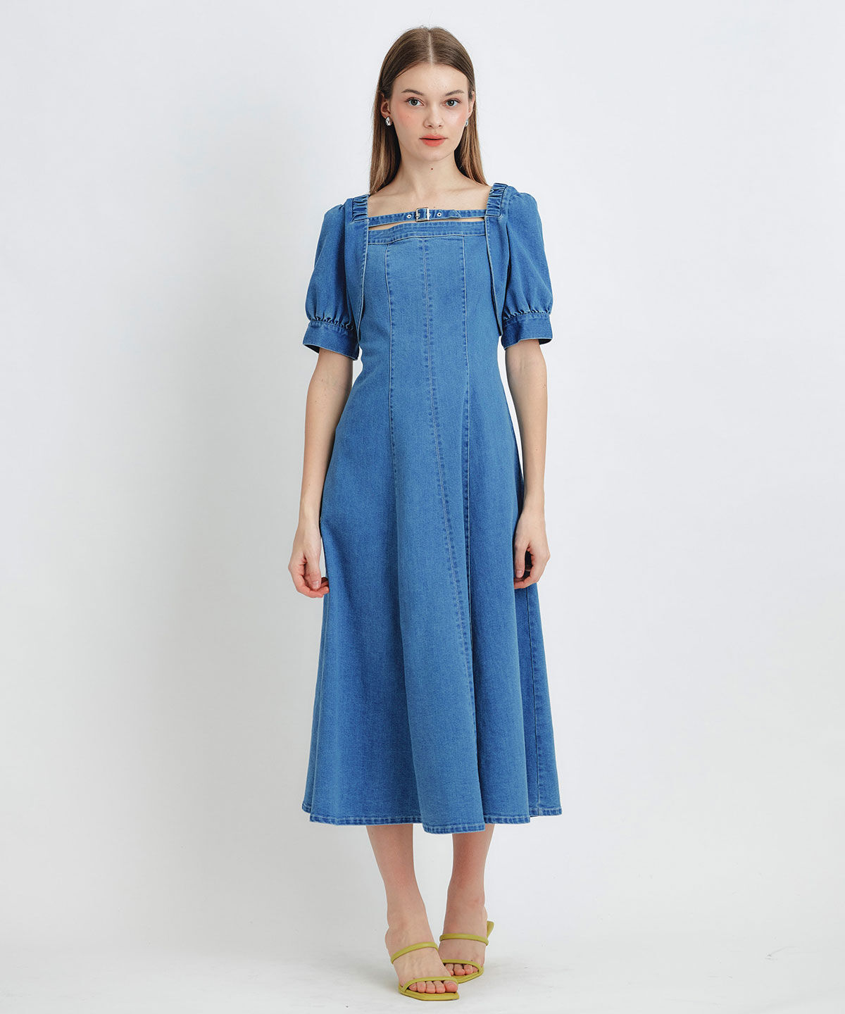REDYAZEL「デコルテベルトデニムフレアロングワンピース」|ワンピース|