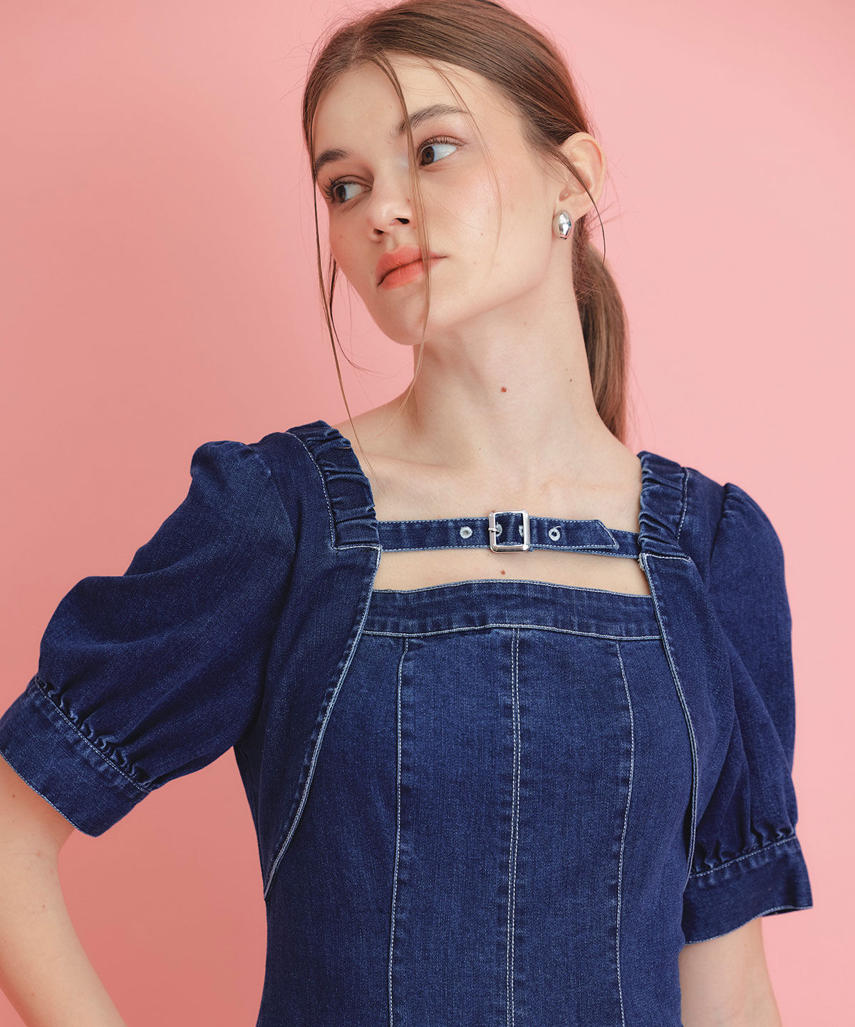 REDYAZEL「デコルテベルトデニムフレアロングワンピース」|ワンピース|