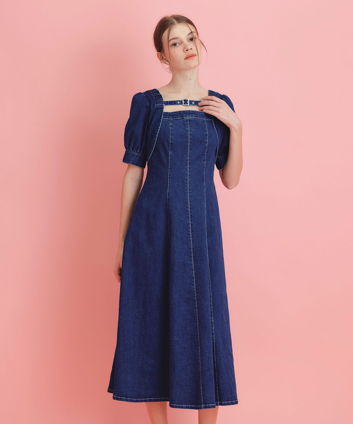 REDYAZEL「デコルテベルトデニムフレアロングワンピース」|ワンピース|