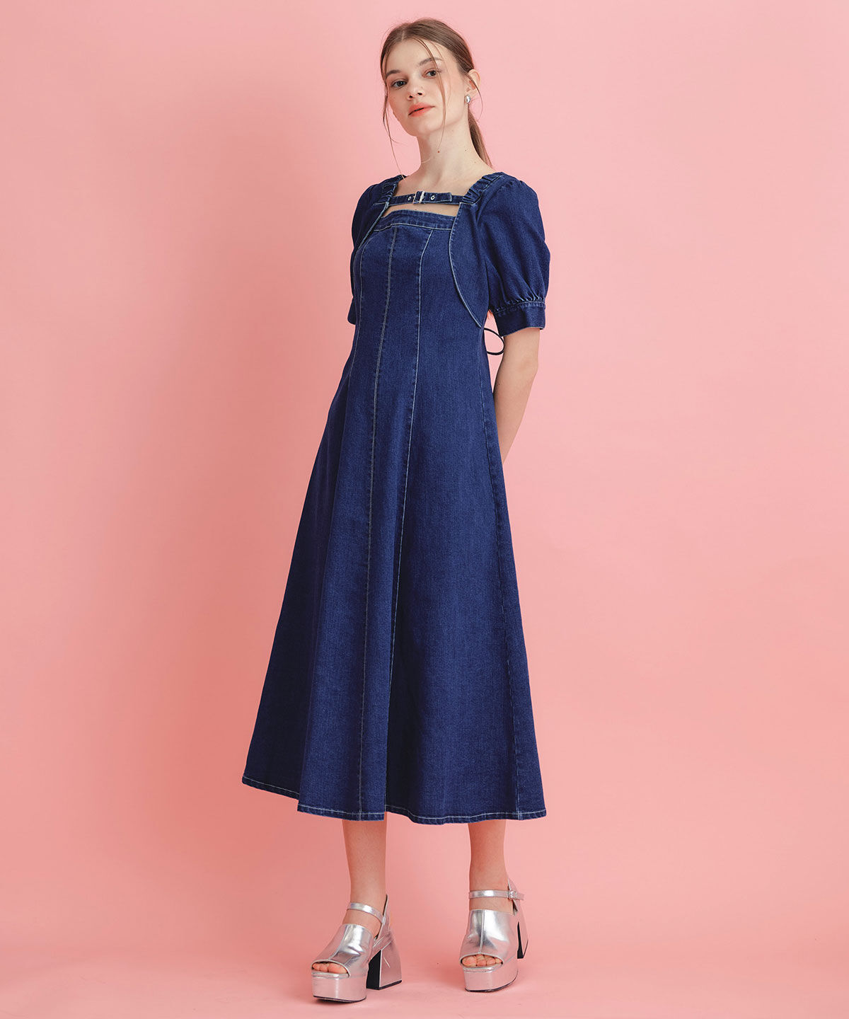 REDYAZEL「デコルテベルトデニムフレアロングワンピース」|ワンピース|
