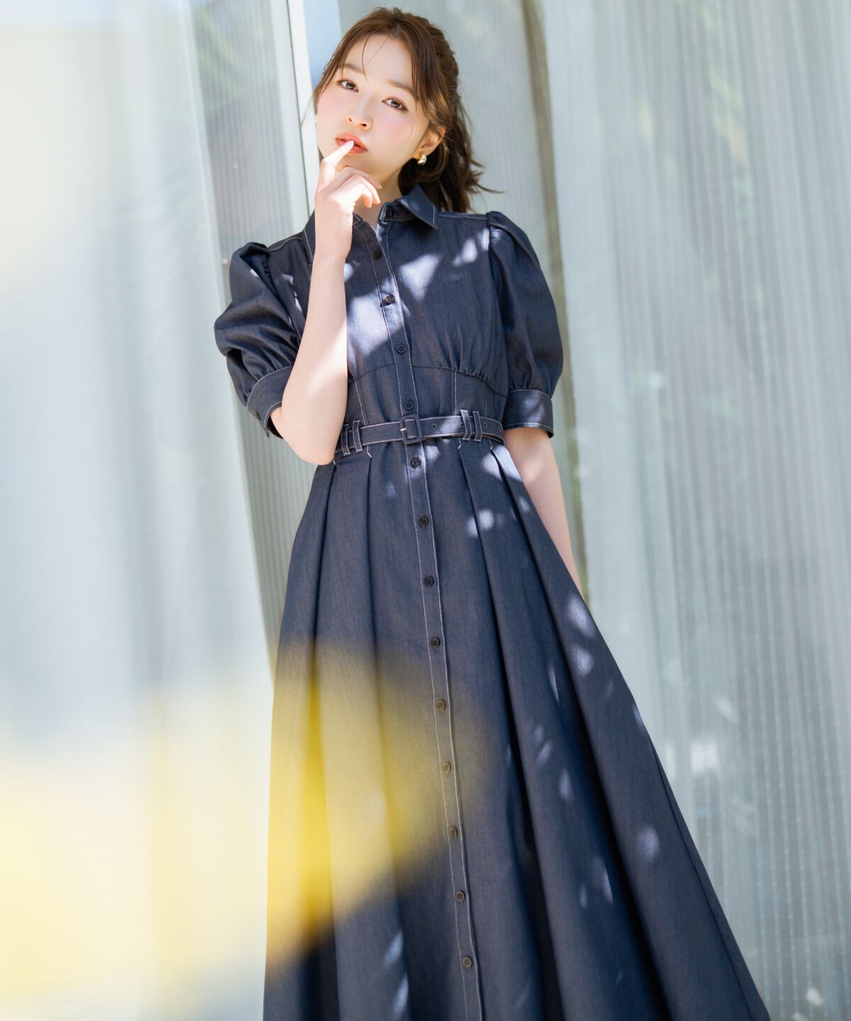 WILLSELECTION「ベルト付きタックスリーブフレアワンピース」|ワンピース|ネイビー