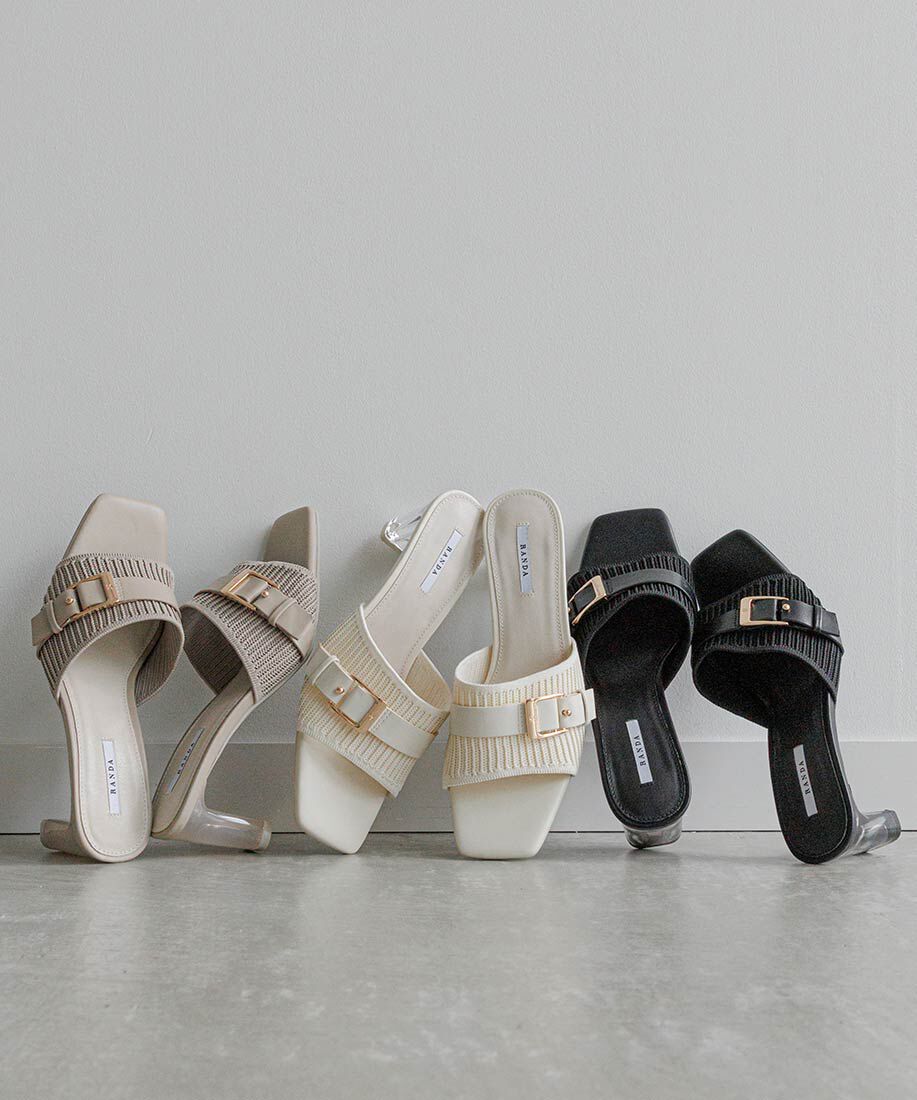  「【SUSTAINABLE】ベルトデザインニットミュールサンダル」|パンプス|