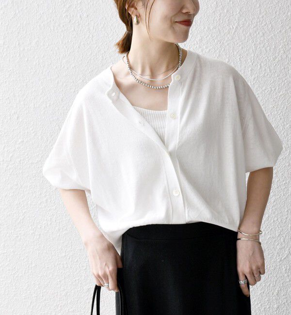 SHIPS any「SHIPS any:〈手洗い可能〉リネン ミックス ワイド パフ クルーネック シアー カーディガン」|カーディガン|