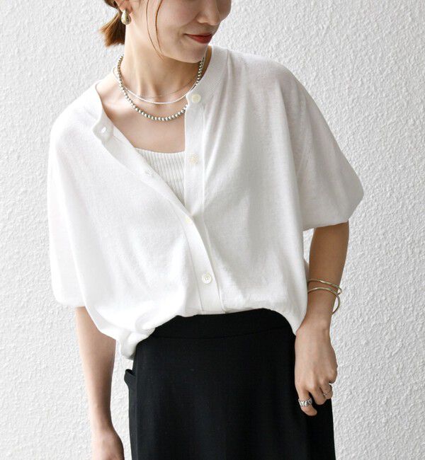 SHIPS any「SHIPS any:〈手洗い可能〉リネン ミックス ワイド パフ クルーネック シアー カーディガン」|カーディガン|