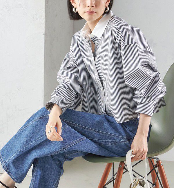 SHIPS for women「〈洗濯機可能〉ピン オックス 刺繍 クロップド シャツ」|シャツ・ブラウス|ネイビー