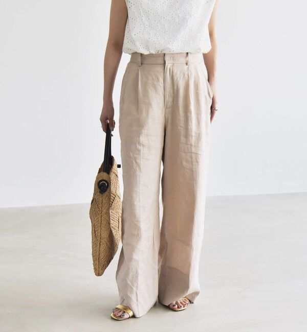 quaranciel「quaranciel:〈洗濯機可能〉リネン ミックス ワイド タック イージー パンツ」|スラックス|
