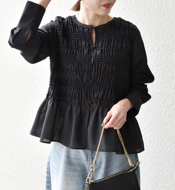 SHIPS any「《一部追加予約》【WEB限定】SHIPS any:〈洗濯機可能〉シアー シャーリング プチフリル ペプラム ブラウス」|シャツ・ブラウス|