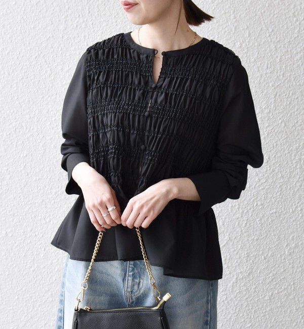 SHIPS any「《一部追加予約》【WEB限定】SHIPS any:〈洗濯機可能〉シアー シャーリング プチフリル ペプラム ブラウス」|シャツ・ブラウス|