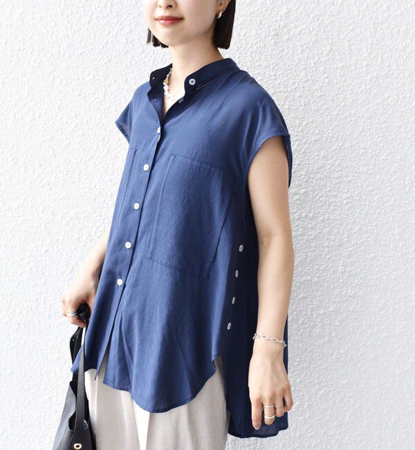 SHIPS for women「【WEB限定】〈手洗い可能〉サイド ボタン バック レイヤード ブラウス」|シャツ・ブラウス|ネイビー
