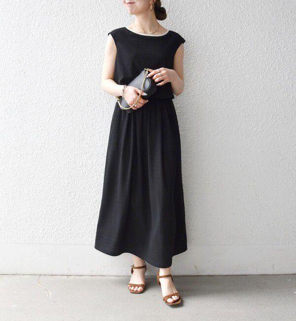 SHIPS any「《予約》SHIPS any:〈洗濯機可能〉ブラウジング バイカラー フレンチスリーブ ワンピース」|ワンピース|ブラック