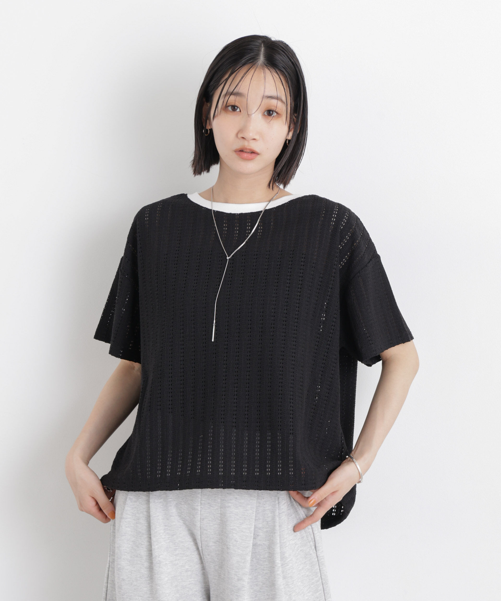 nano･universe「カットジャガードドロストヘムトップス」|Tシャツ・カットソー|ブラック