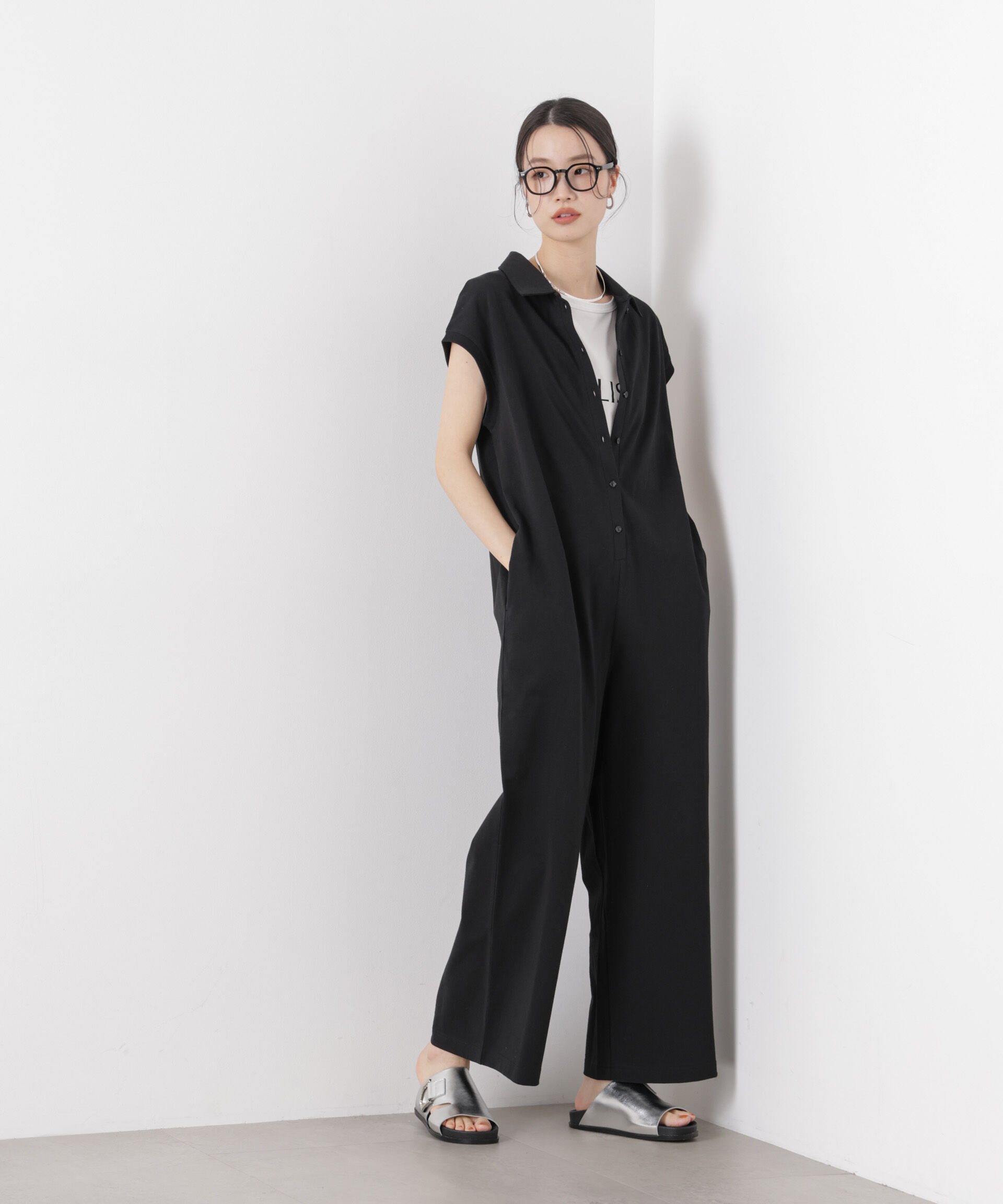 nano･universe「ポロサロペットカットパンツ」|チノ|ブラック