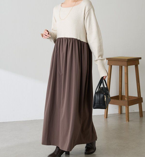  「ニットドッキングフレアワンピース」|ワンピース|ブラウン